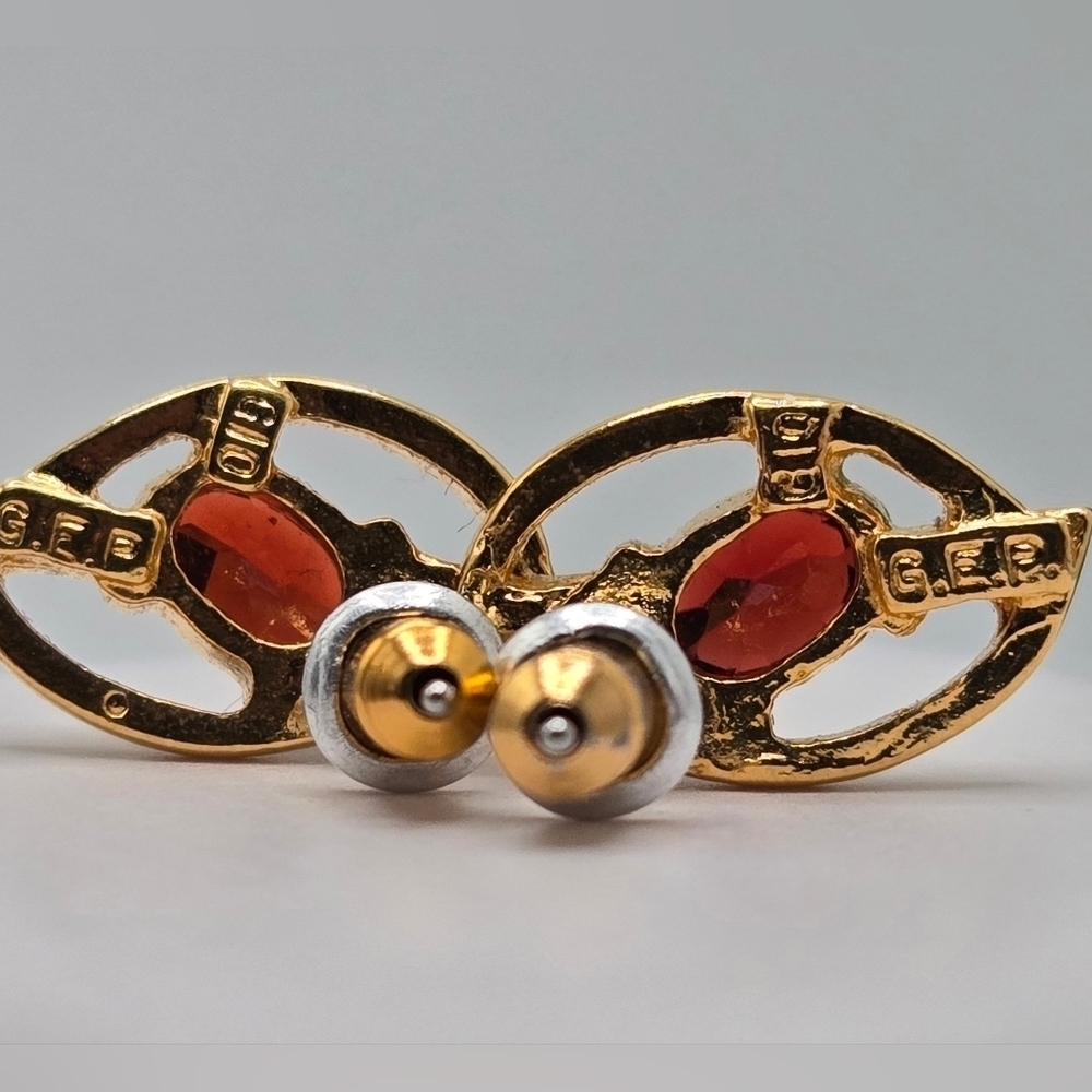 Filled Gold Red Garnet Stud Earrings Classic Gemstone Jewelry - Picture 6 of 8